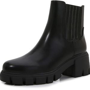 mm Women's PU Black Leather Chunky Platform Chelsea Boots Zip Up Ankle Booties 8